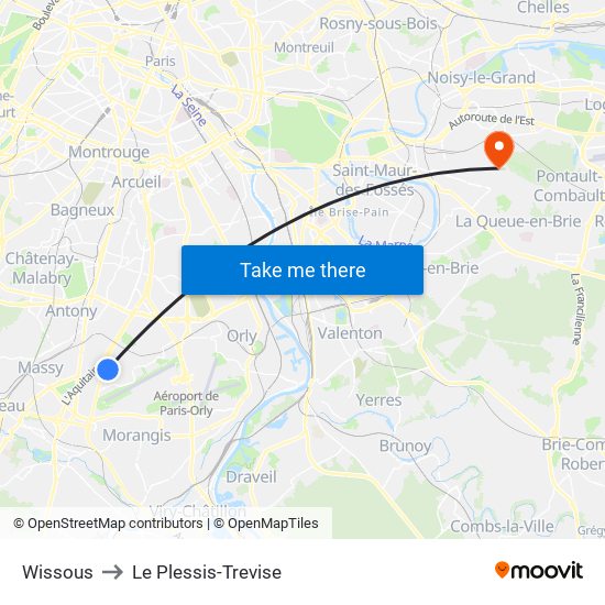 Wissous to Le Plessis-Trevise map