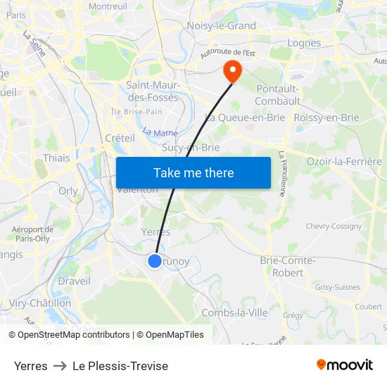 Yerres to Le Plessis-Trevise map