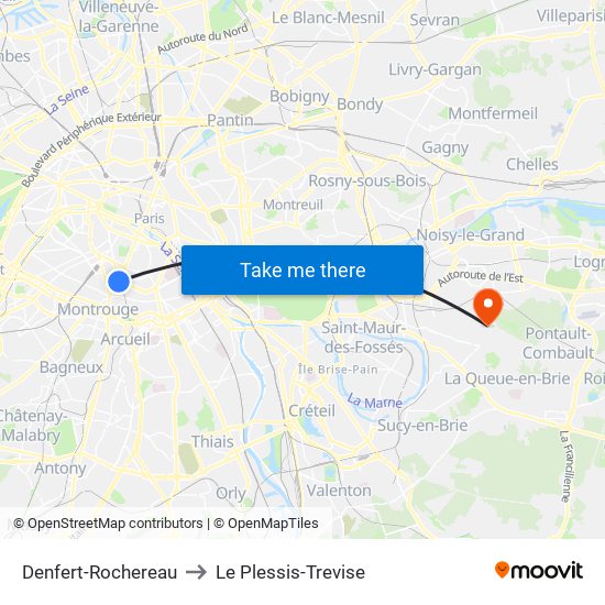 Denfert-Rochereau to Le Plessis-Trevise map
