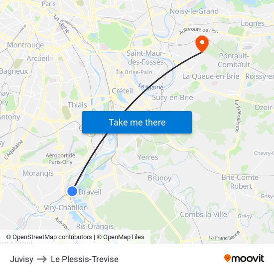 Juvisy to Le Plessis-Trevise map