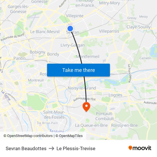 Sevran Beaudottes to Le Plessis-Trevise map