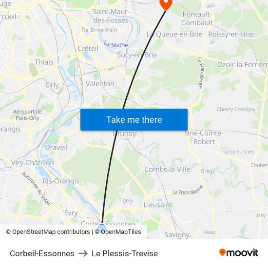 Corbeil-Essonnes to Le Plessis-Trevise map