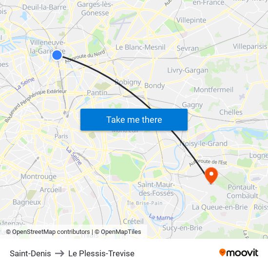 Saint-Denis to Le Plessis-Trevise map