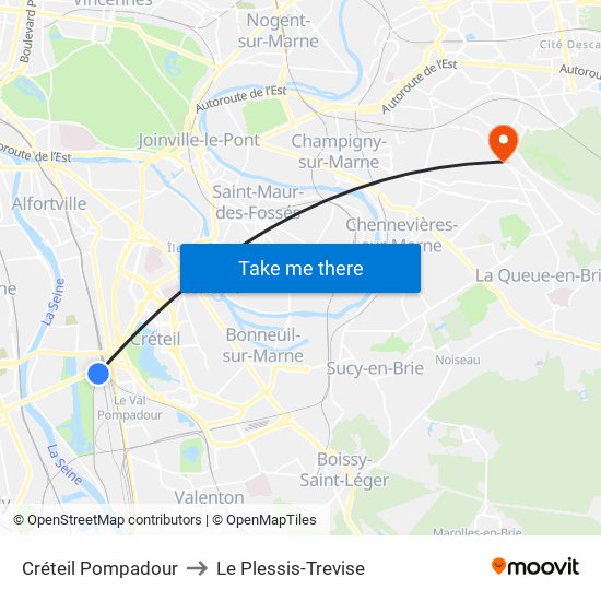 Créteil Pompadour to Le Plessis-Trevise map