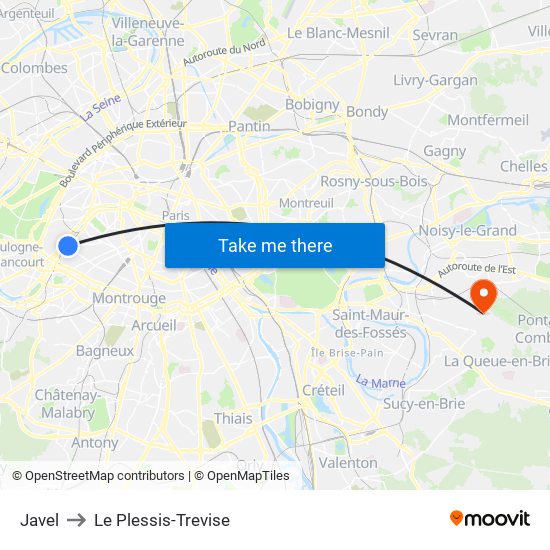 Javel to Le Plessis-Trevise map