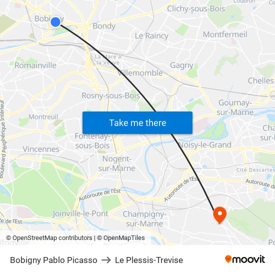 Bobigny Pablo Picasso to Le Plessis-Trevise map