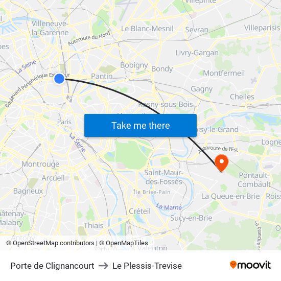 Porte de Clignancourt to Le Plessis-Trevise map