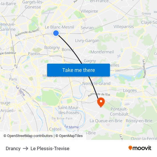 Drancy to Le Plessis-Trevise map