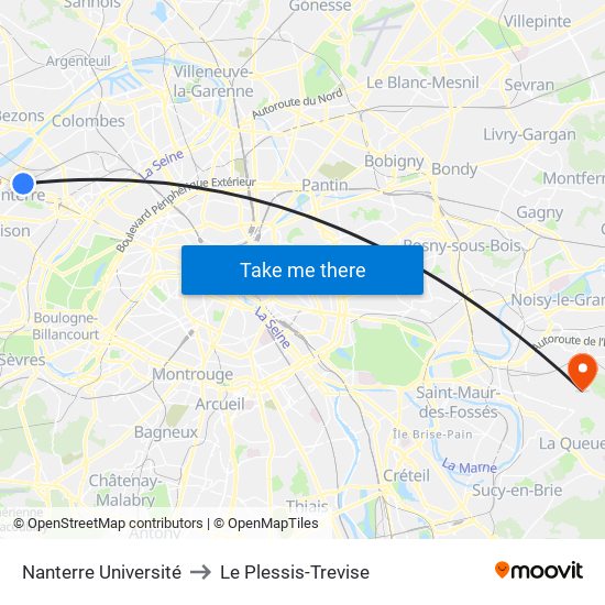 Nanterre Université to Le Plessis-Trevise map