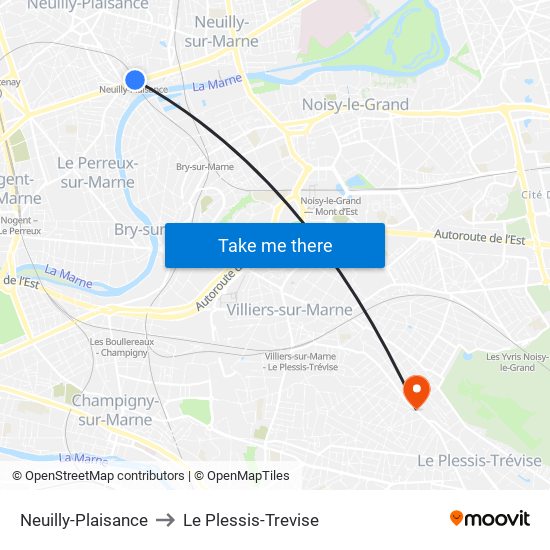 Neuilly-Plaisance to Le Plessis-Trevise map