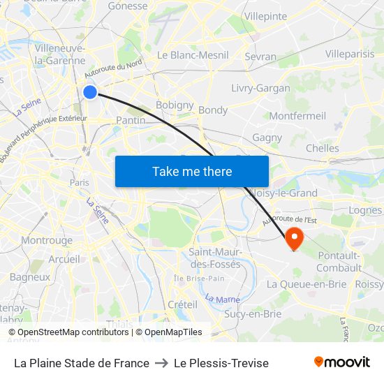 La Plaine Stade de France to Le Plessis-Trevise map