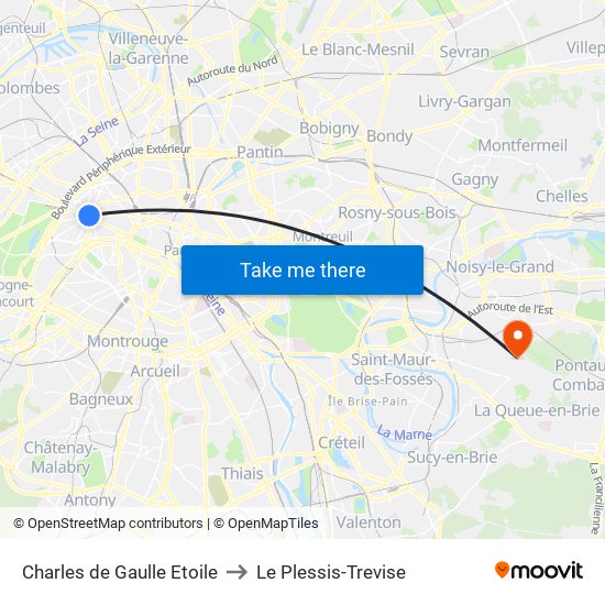 Charles de Gaulle Etoile to Le Plessis-Trevise map