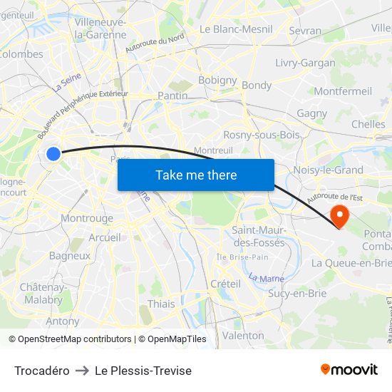 Trocadéro to Le Plessis-Trevise map
