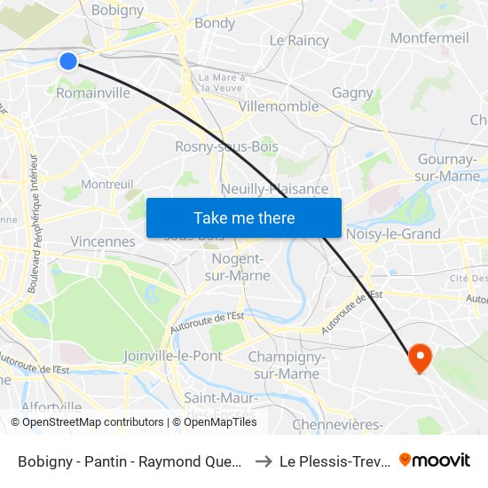 Bobigny - Pantin - Raymond Queneau to Le Plessis-Trevise map