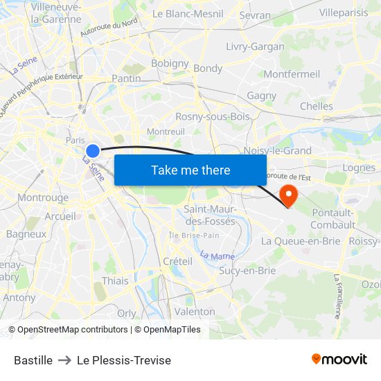 Bastille to Le Plessis-Trevise map