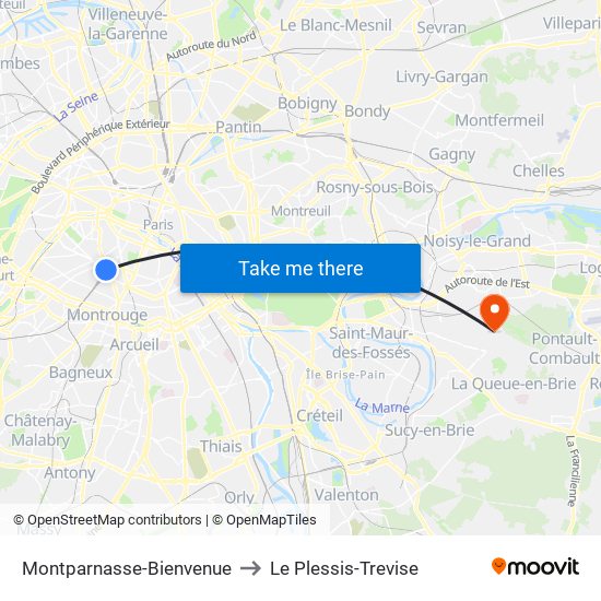 Montparnasse-Bienvenue to Le Plessis-Trevise map