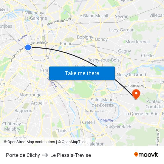 Porte de Clichy to Le Plessis-Trevise map