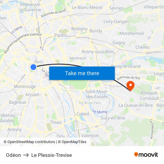 Odéon to Le Plessis-Trevise map