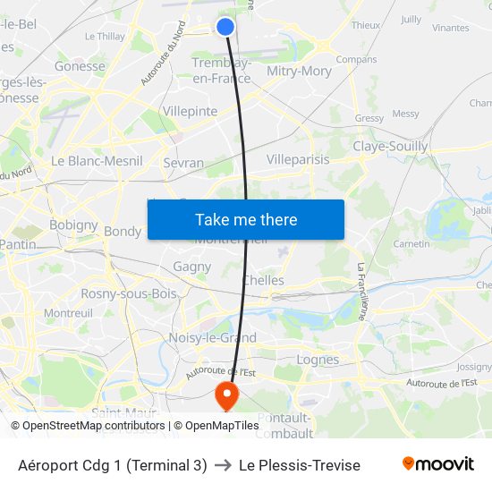 Aéroport Cdg 1 (Terminal 3) to Le Plessis-Trevise map