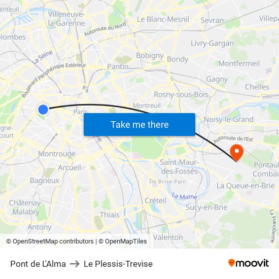 Pont de L'Alma to Le Plessis-Trevise map