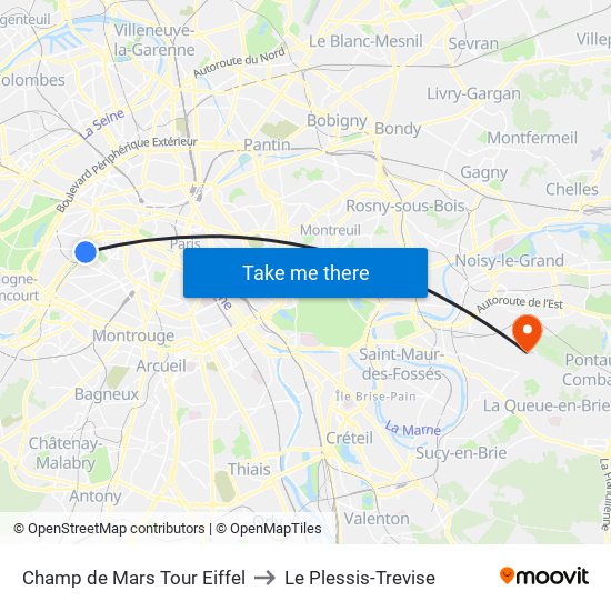 Champ de Mars Tour Eiffel to Le Plessis-Trevise map
