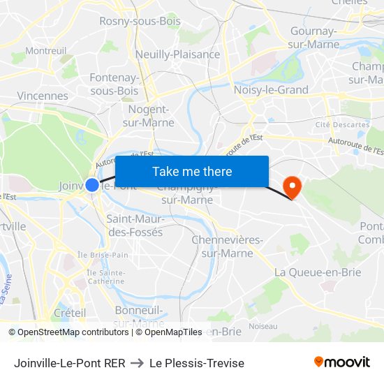 Joinville-Le-Pont RER to Le Plessis-Trevise map