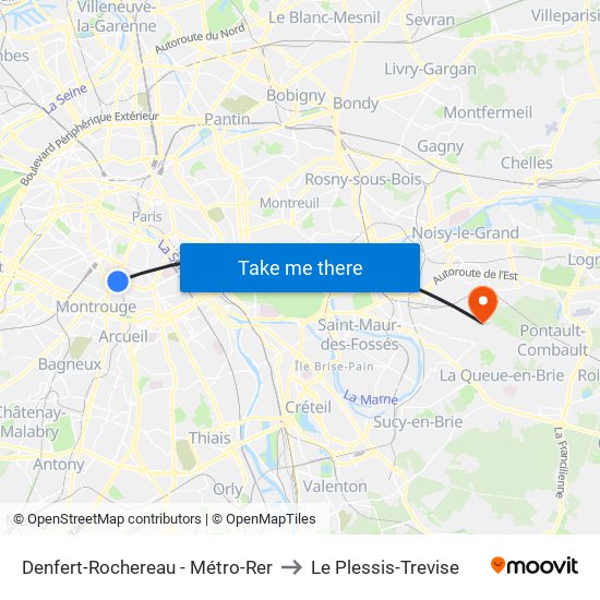 Denfert-Rochereau - Métro-Rer to Le Plessis-Trevise map