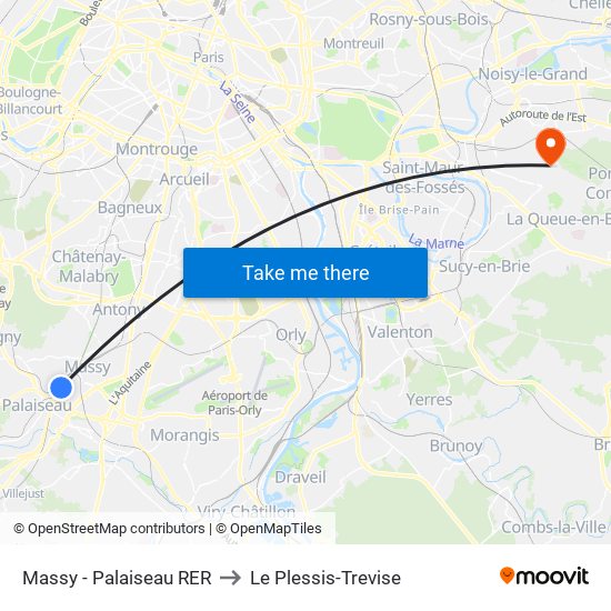 Massy - Palaiseau RER to Le Plessis-Trevise map