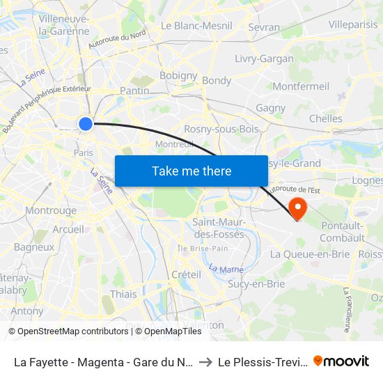 La Fayette - Magenta - Gare du Nord to Le Plessis-Trevise map
