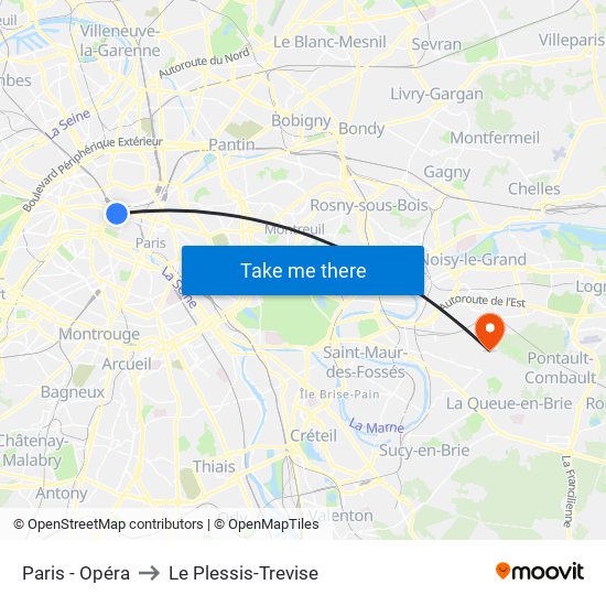 Paris - Opéra to Le Plessis-Trevise map