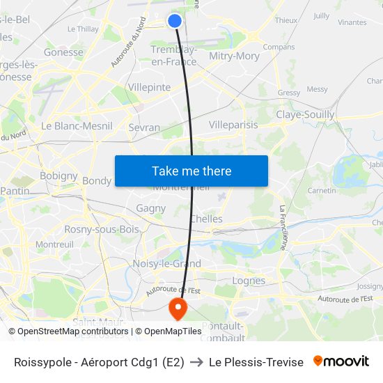 Roissypole - Aéroport Cdg1 (E2) to Le Plessis-Trevise map