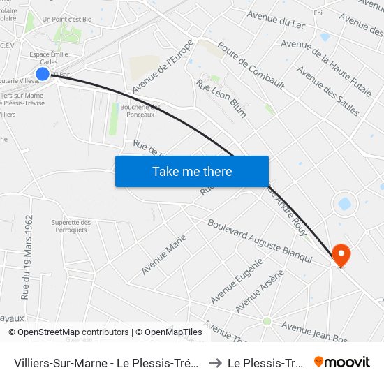 Villiers-Sur-Marne - Le Plessis-Trévise RER to Le Plessis-Trevise map