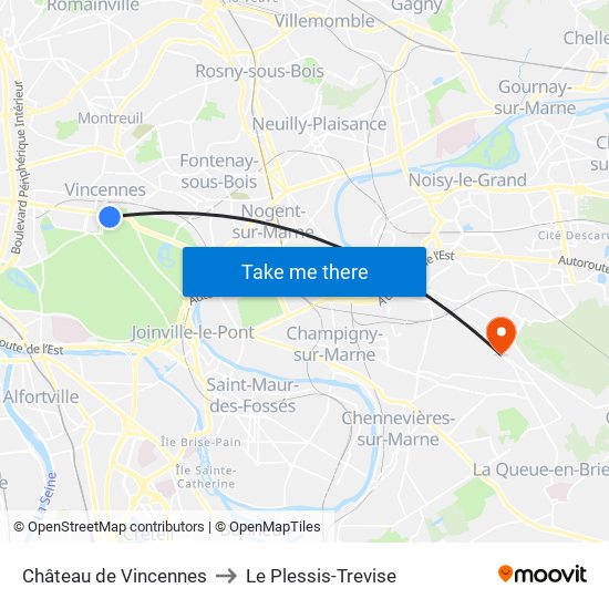 Château de Vincennes to Le Plessis-Trevise map