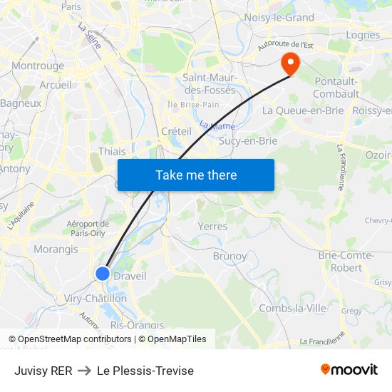 Juvisy RER to Le Plessis-Trevise map