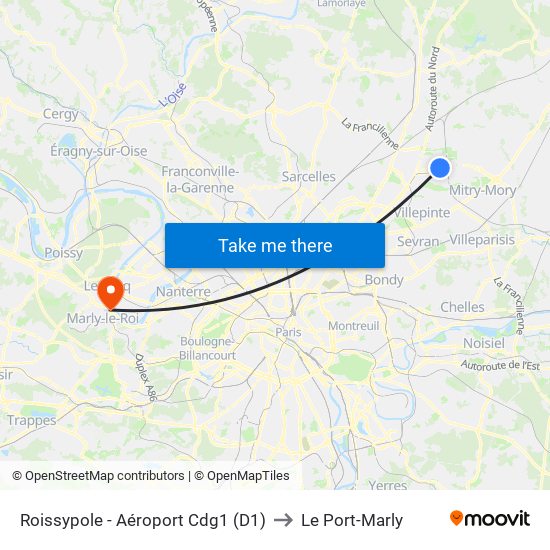 Roissypole - Aéroport Cdg1 (D1) to Le Port-Marly map