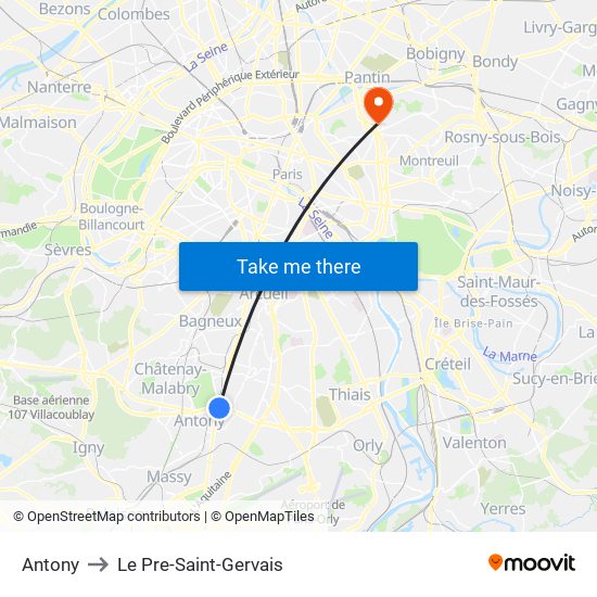 Antony to Le Pre-Saint-Gervais map
