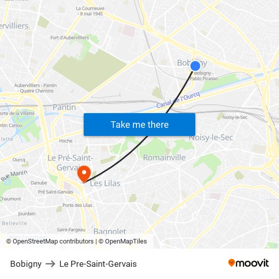 Bobigny to Le Pre-Saint-Gervais map