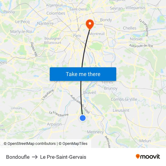 Bondoufle to Le Pre-Saint-Gervais map