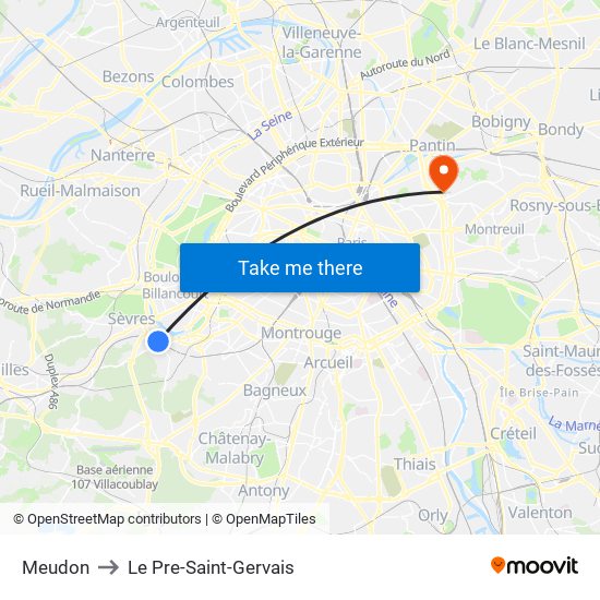 Meudon to Le Pre-Saint-Gervais map