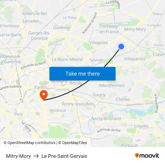 Mitry-Mory to Le Pre-Saint-Gervais map