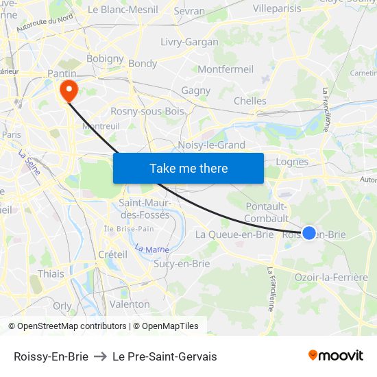 Roissy-En-Brie to Le Pre-Saint-Gervais map