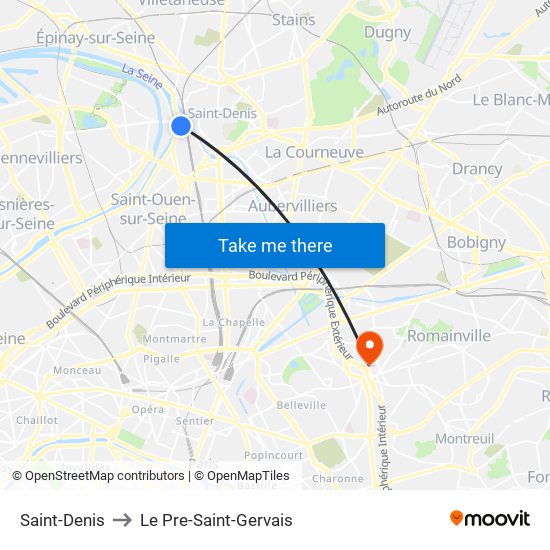 Saint-Denis to Le Pre-Saint-Gervais map