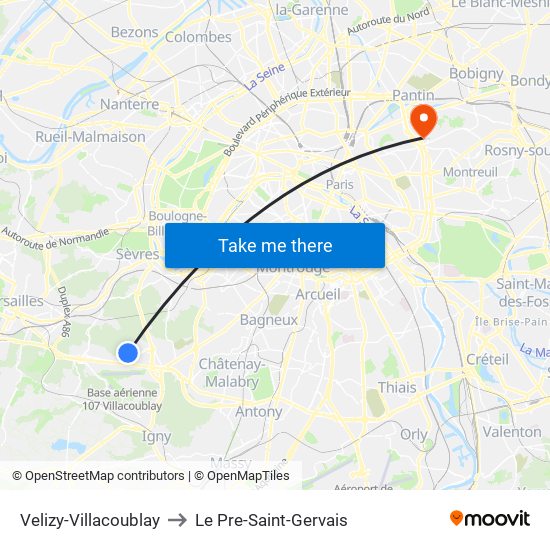 Velizy-Villacoublay to Le Pre-Saint-Gervais map