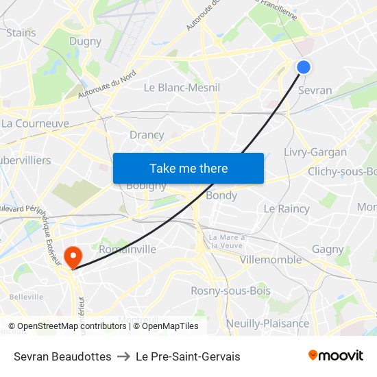 Sevran Beaudottes to Le Pre-Saint-Gervais map