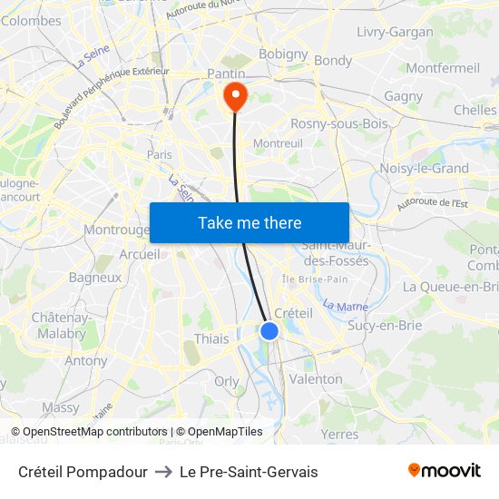 Créteil Pompadour to Le Pre-Saint-Gervais map