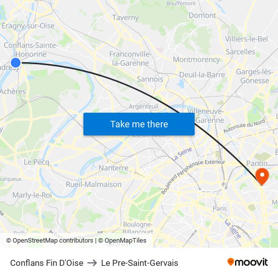 Conflans Fin D'Oise to Le Pre-Saint-Gervais map