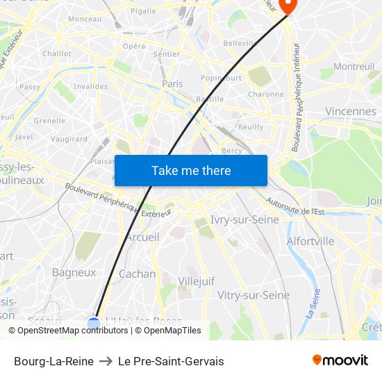 Bourg-La-Reine to Le Pre-Saint-Gervais map