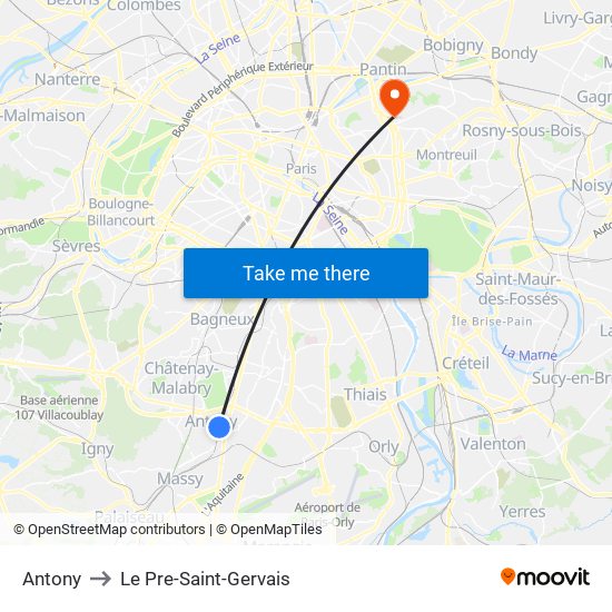 Antony to Le Pre-Saint-Gervais map