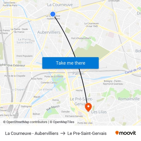La Courneuve - Aubervilliers to Le Pre-Saint-Gervais map