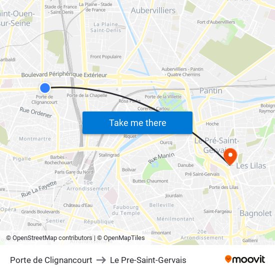 Porte de Clignancourt to Le Pre-Saint-Gervais map